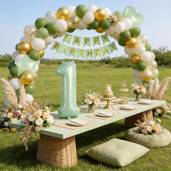 1st Birthday Decorations, 40 Inch Sage Green Number 1 Balloon, 18