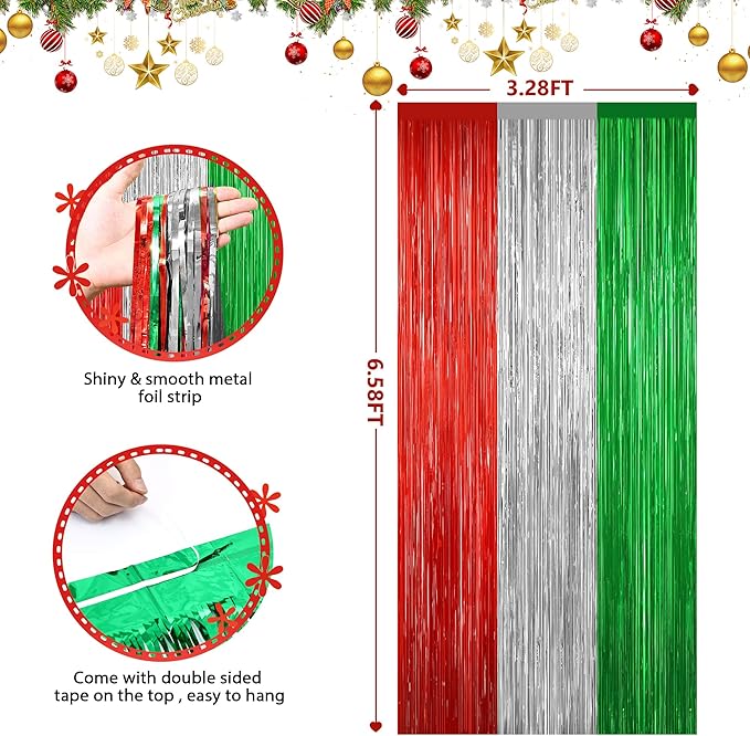 2 Pack Christmas Metallic Tinsel Foil Fringe Curtains, Door Streamers
