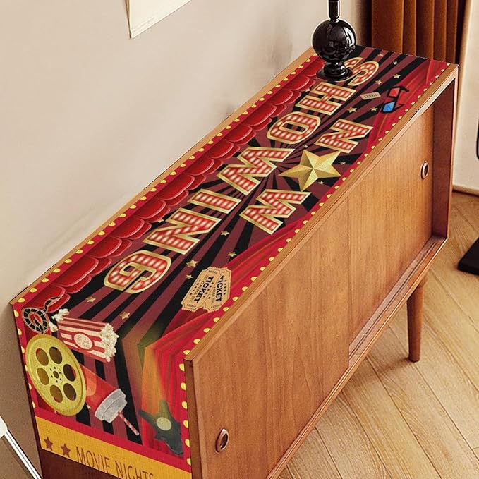 Movie Night Table Runner, Rustic Film Movie Theme Popcorn Tape Now