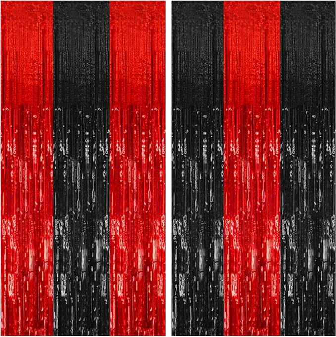 2 Pack Black and Red Backdrop Party Decorations Tinsel Curtain