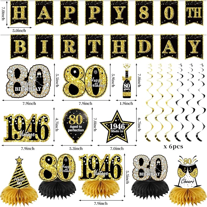 80th Birthday Decorations for Men Women 21pcs the Year 1946 Banner
