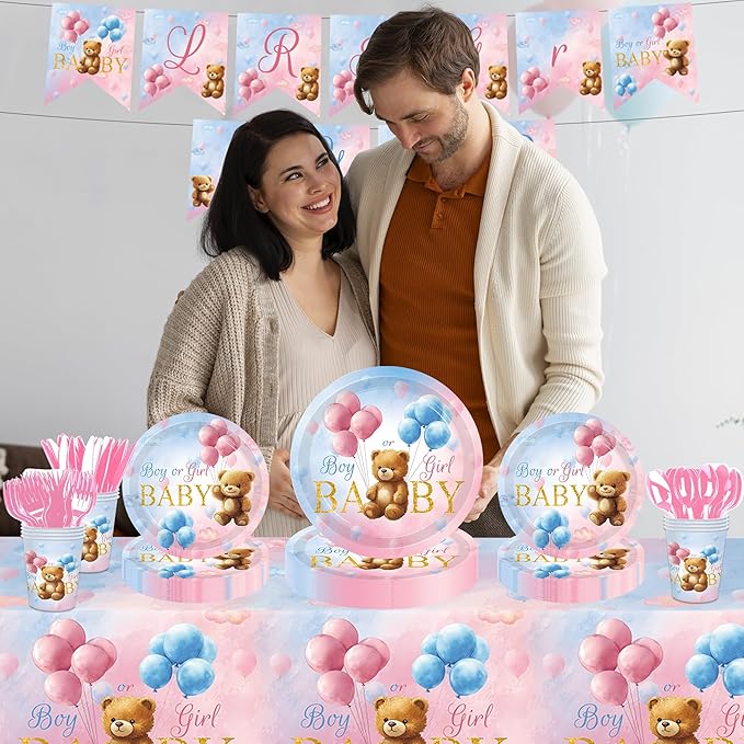 142 Pcs Bear Gender Reveal Decorations Bear Themed Plates Cups and