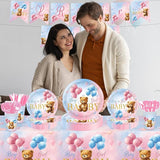 142 Pcs Bear Gender Reveal Decorations Bear Themed Plates Cups and