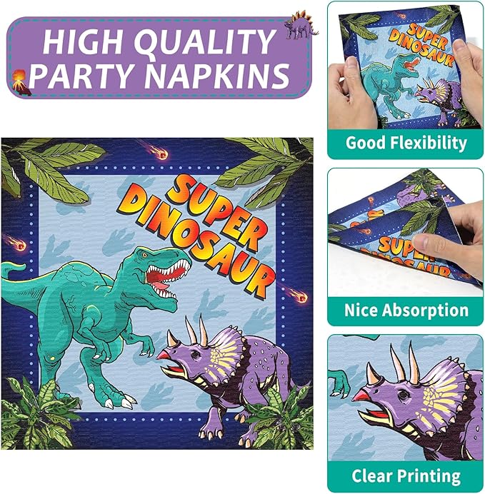 96 Pcs Super Dinosaur Plates and Napkins for Dinosaur Birthday Party
