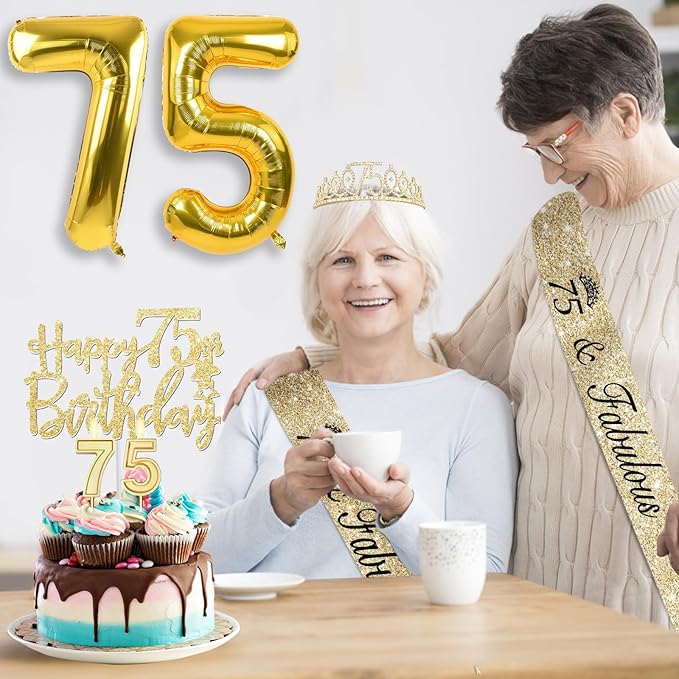 75th Birthday Decorations Women's Sash & Tiara Cake Toppers Number