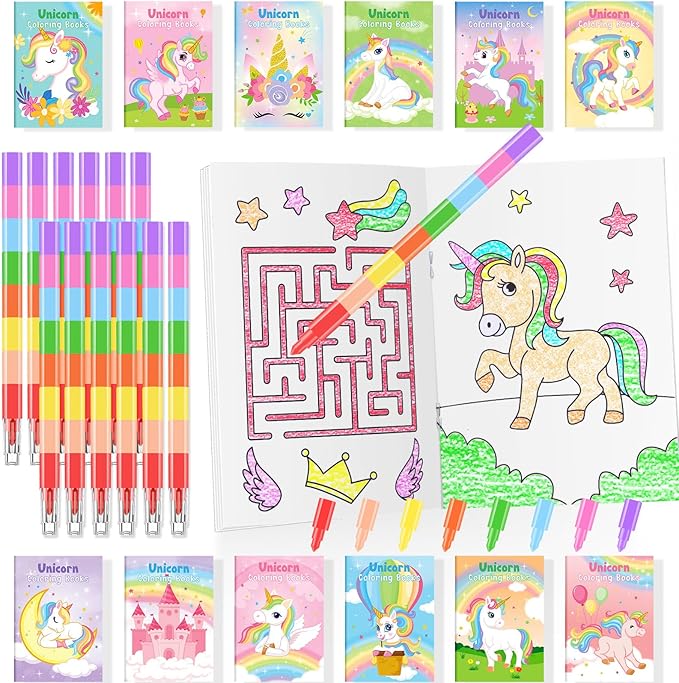 24 Unicorn Mini Coloring Books Kids with 24 Stacking Crayons Rainbow