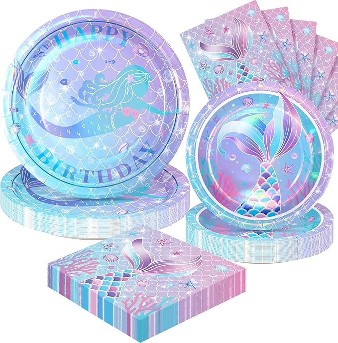 72PCS Mermaid Birthday Plates and Napkins Set of 24 Disposable Paper