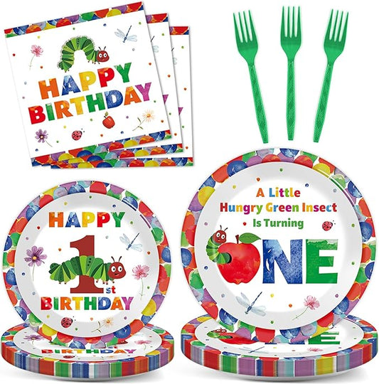 96Pcs Caterpillar 1st Birthday Party Plates and Napkins Hungry