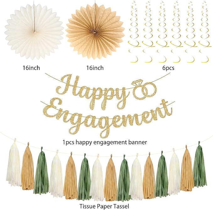 Engagement Party Decorations Green and Gold Glitter Happy Engagement