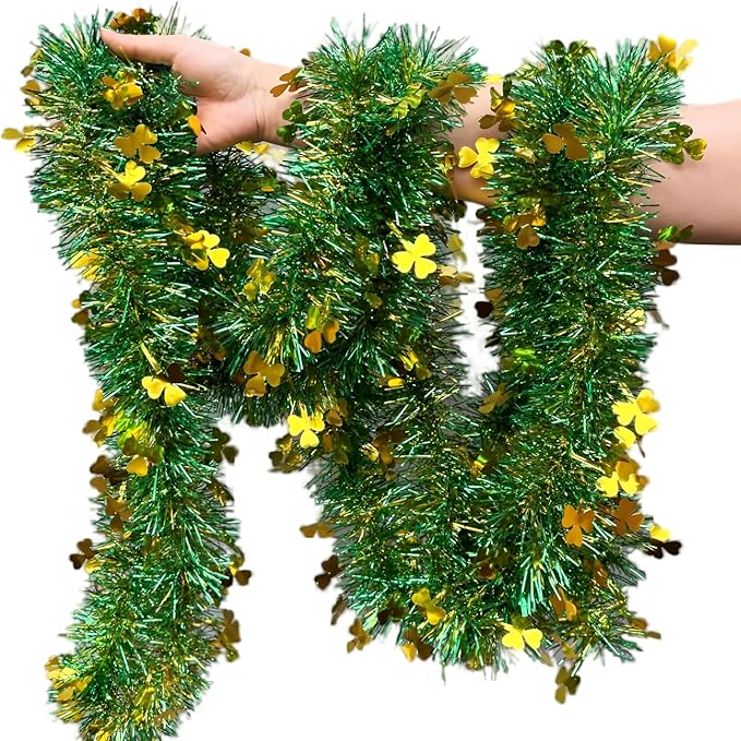 St Patrick Day Tinsel Garland 50 FT Green Gold Fringe Garlands with