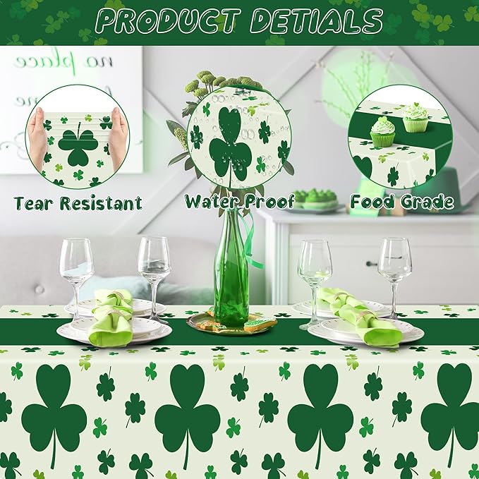 6 Pack St Patricks Day Tablecloth, 108" X 54" Disposable Shamrock