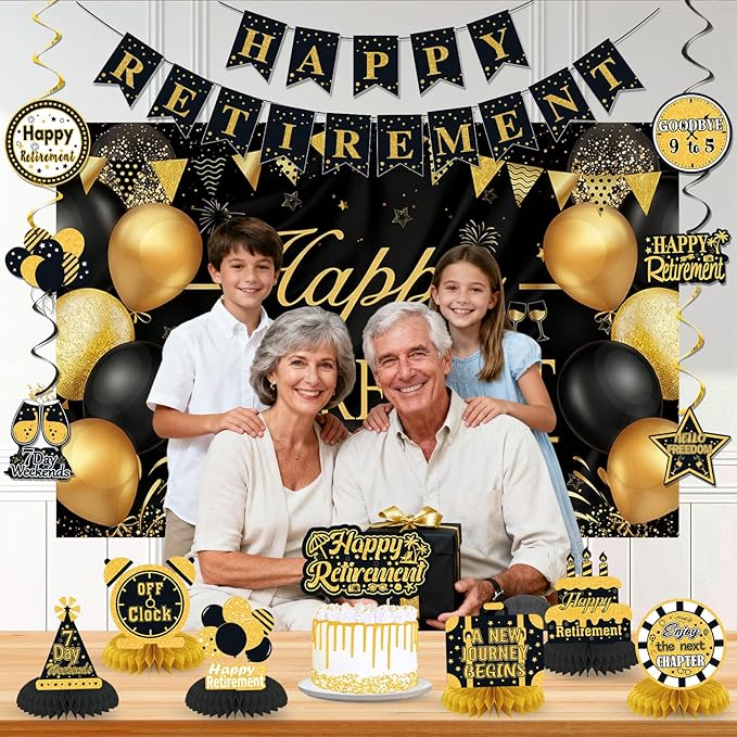 Retirement Party Decorations for Men Women Black Gold Happy Retirement