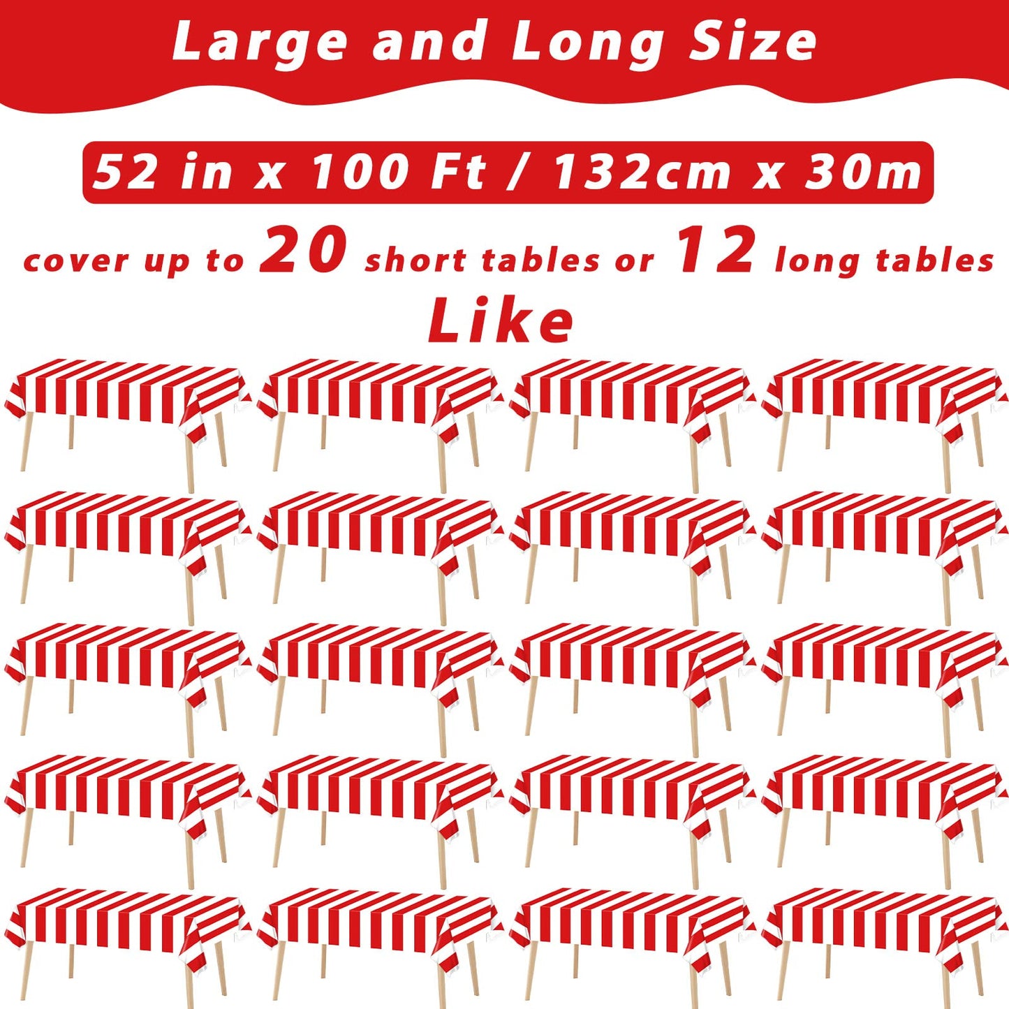 100Ft Long Tablecloth Roll Red and White Striped Tablecloth Carnival