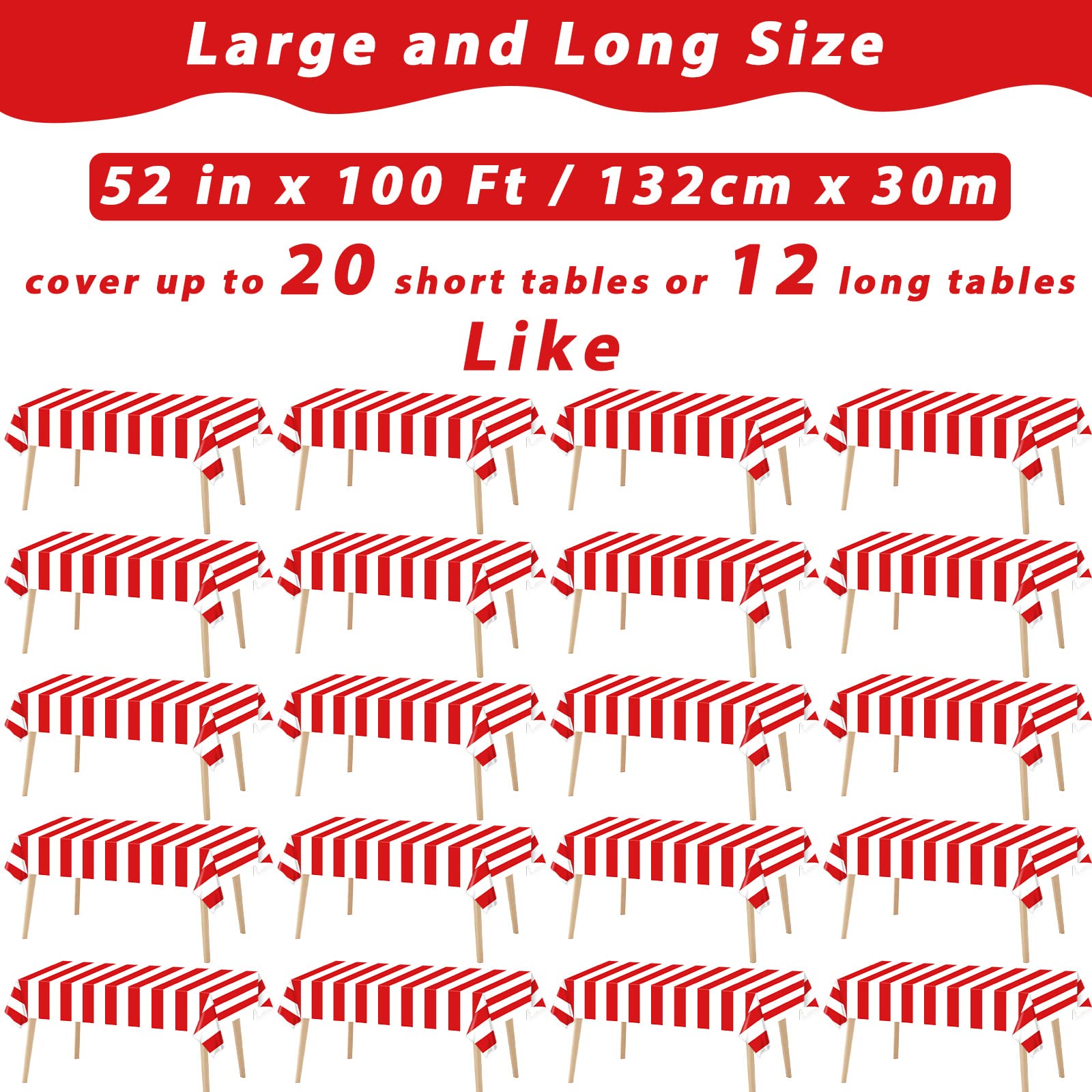 100Ft Long Tablecloth Roll Red and White Striped Tablecloth Carnival