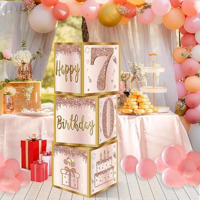 3Pcs 70th Birthday Decorations Boxes for Women Pink Rose Gold 70th
