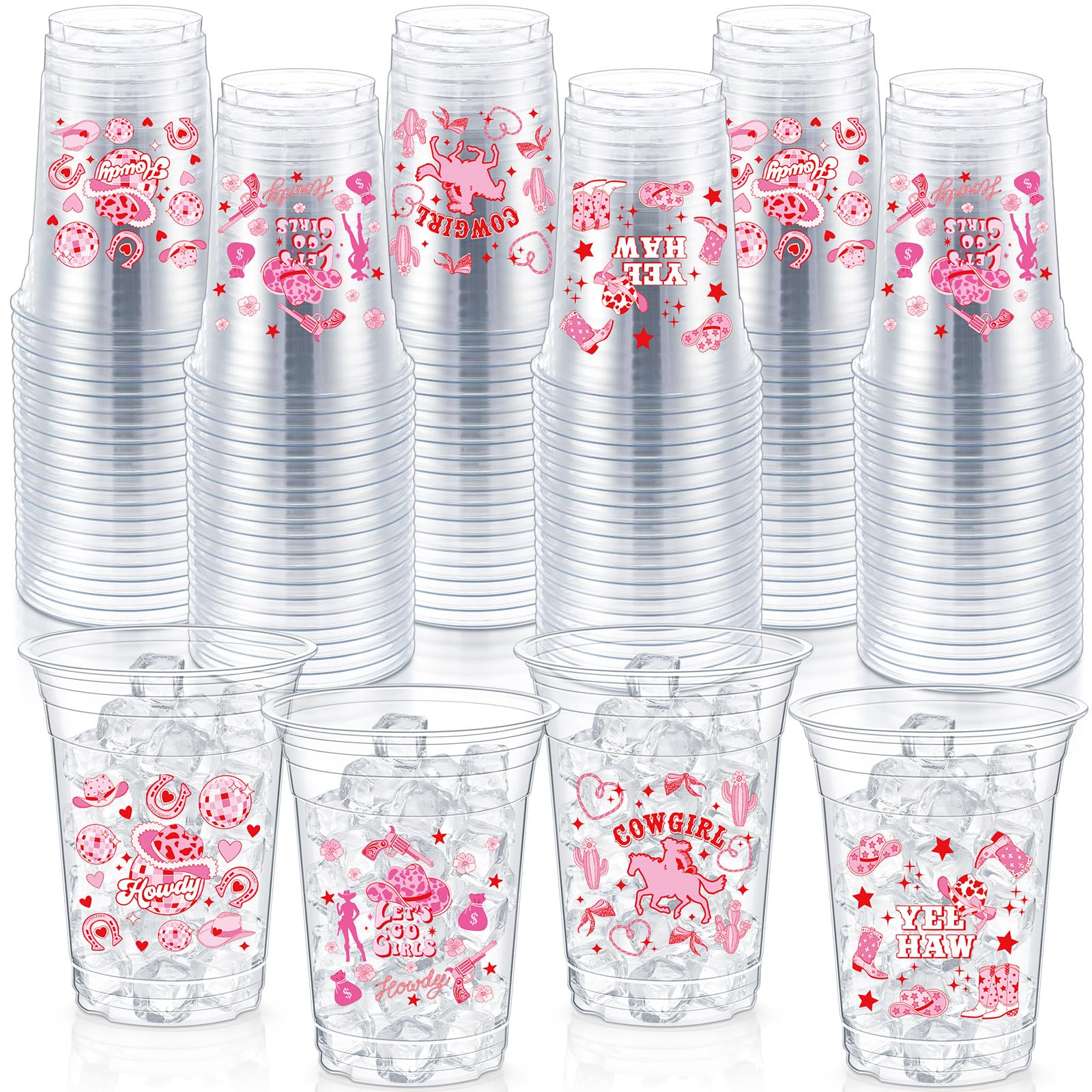 Geyoga 100 Pcs Western Cowgirl Plastic Cups 16 oz Pink Cowgirl