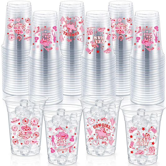 Geyoga 100 Pcs Western Cowgirl Plastic Cups 16 oz Pink Cowgirl