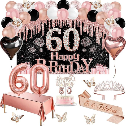 60th Birthday Decorations for Women 49pcs Black Rose Gold Black