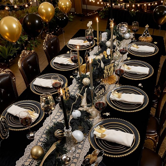 WDF Partyware 175PCS Black and Gold Plates - Black Disposable Plates