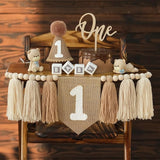 Boho Nude 1st Birthday Highchair Wood Bead Tassel Garland Conical