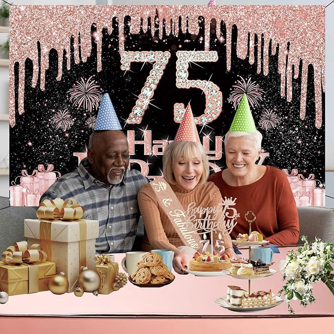 75th Birthday Decorations for Women with Banner Rose Gold Tablecloth