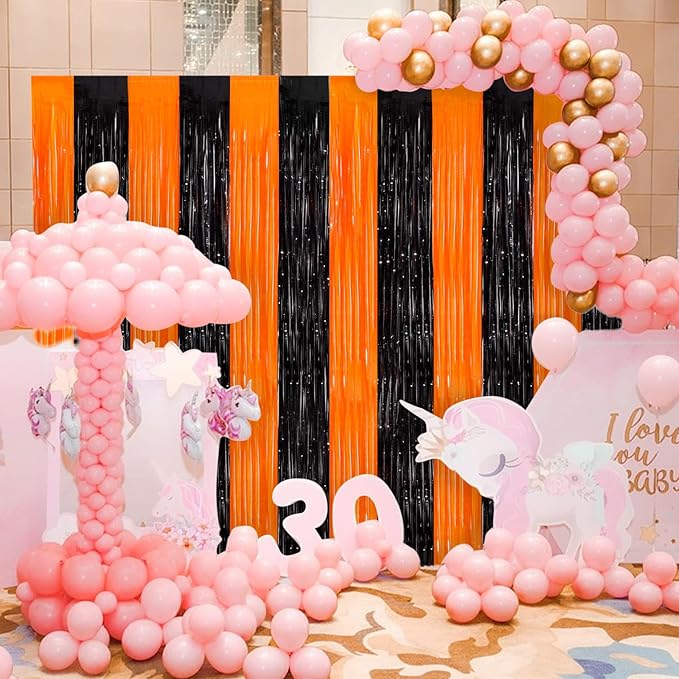 Orange Black Tinsel Foil Fringe Curtains, 2 Pack 3.3x8.3 Feet Party
