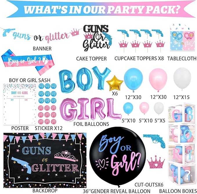 Guns or Glitter Gender Reveal Decorations 169 PCs Boy or Girl Gender