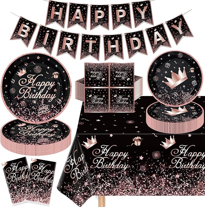 123 Pack Black and Rose Gold Party Supplies Pink Birthday Party