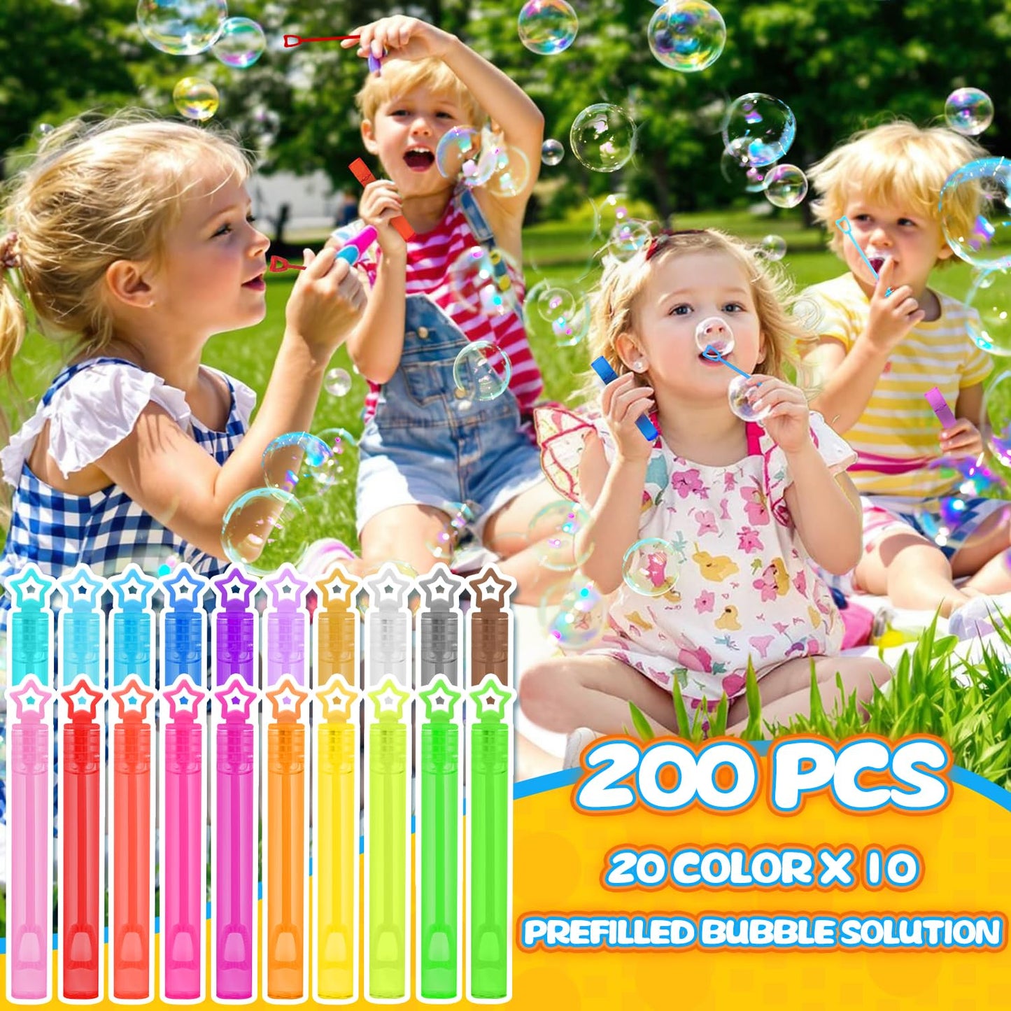 200 Pcs 20 Colors Mini Star Bubble Wand Bulk in Gift Box, Neon Bubbles
