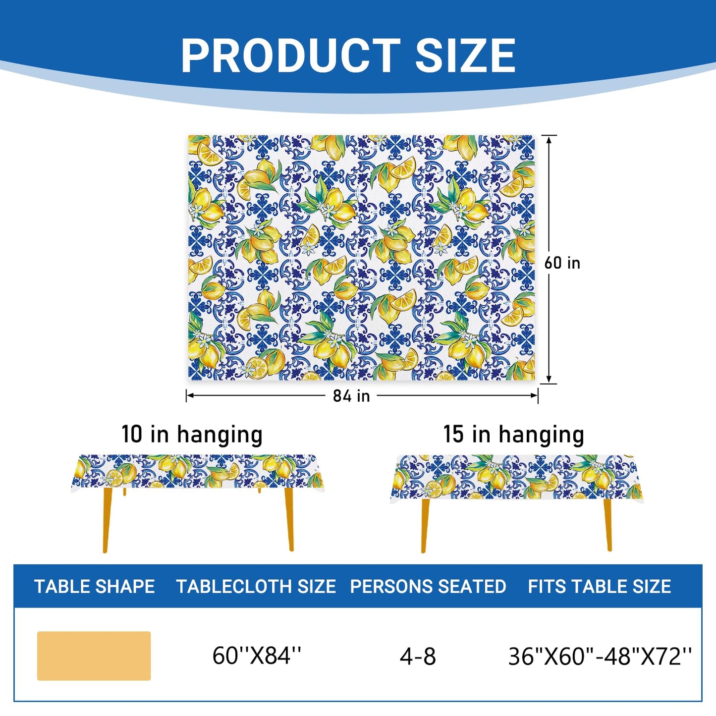 Livcoz Blue Lemon Italy Tile Pattern Rectangle Tablecloth 60 x 84