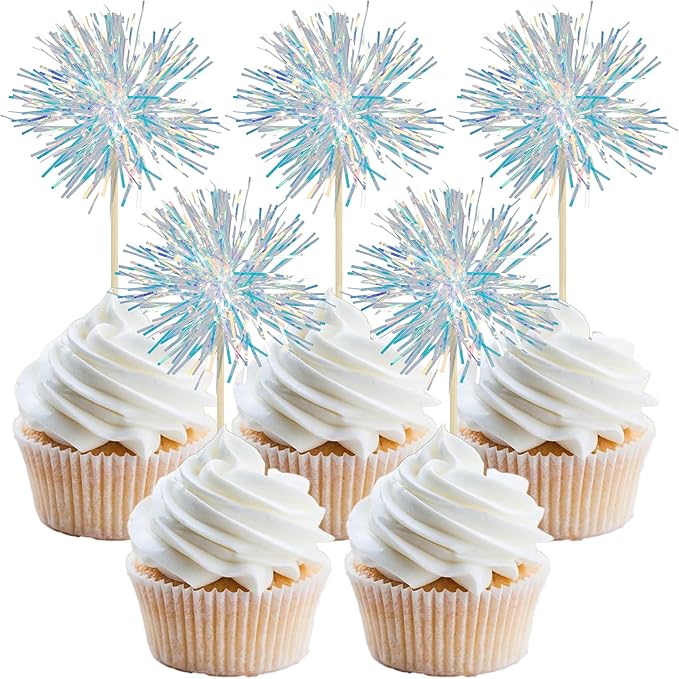 Gyufise 30Pcs Foil Firework Cupcake Toppers Sparkle Tinsel Cake #21
