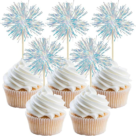 Gyufise 30Pcs Foil Firework Cupcake Toppers Sparkle Tinsel Cake #21