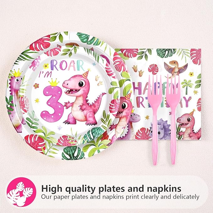 96 Pcs Pink Dinosaur Birthday Decorations for 3rd Girls Dino Theme