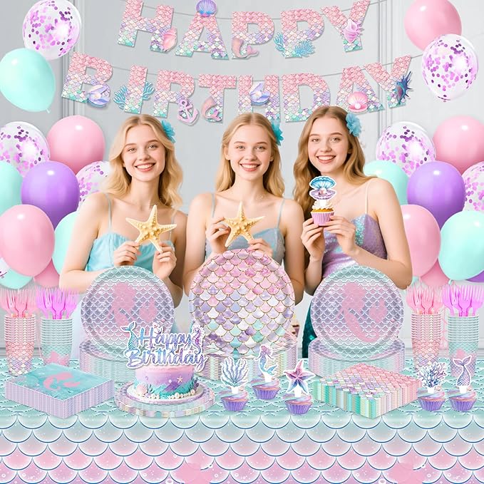 Mermaid Birthday Decorations 147Pcs Mermaid Party Supplies Serves 24