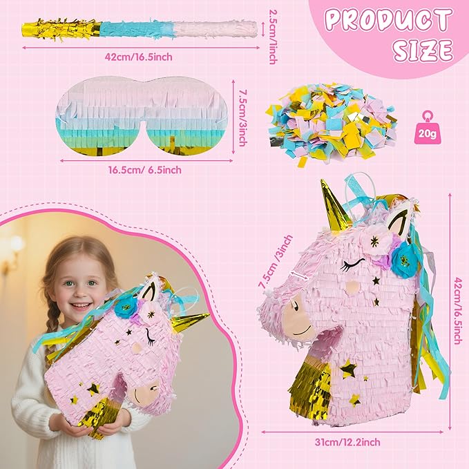 Small Unicorn Pinata Pink Gold with a Blindfold a Bat and Confetti