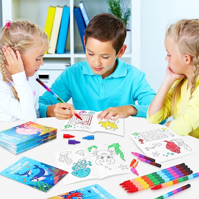 24 Under the Sea Mini Coloring Books Kids with 24 Stacking Crayons
