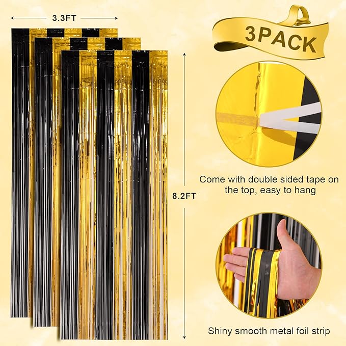 Voircoloria 3 Pack 3.3x8.2 Feet Black and Gold Foil Fringe Backdrop