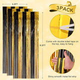 Voircoloria 3 Pack 3.3x8.2 Feet Black and Gold Foil Fringe Backdrop