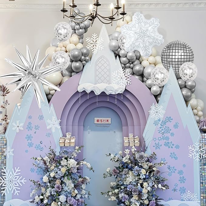 Christmas Decorations Balloons Arch Kit White Silver Snowflake