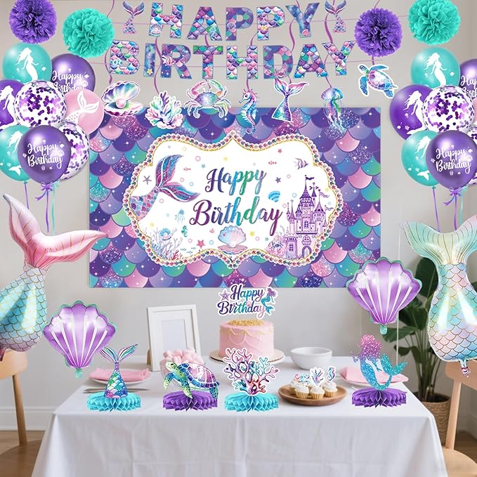 Mermaid Birthday Decorations Includes Banner Backdrop Foil & Latex