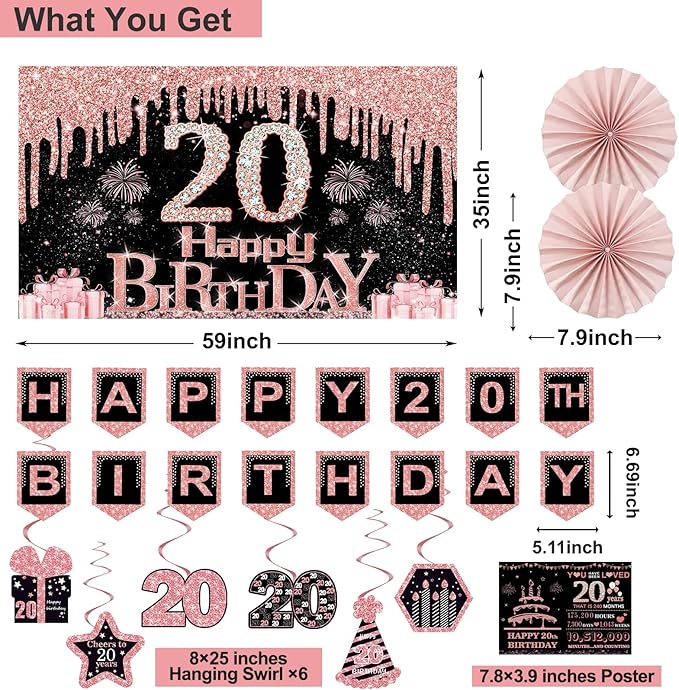 20th Birthday Decorations for Girls 32PCS 20th Birthday Party