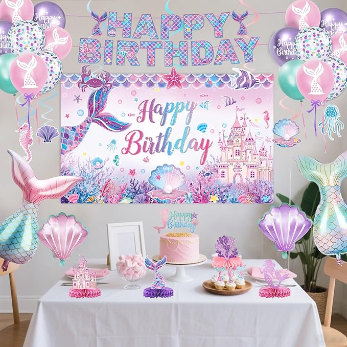 Mermaid Birthday Decorations Includes Banner Backdrop Foil &
