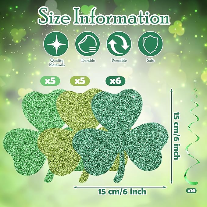 32 Pcs St Patrick's Day Party Decorations Double Sided Glitter Green