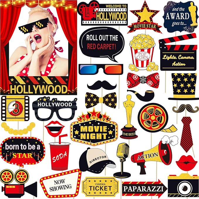 34pcs Hollywood Themed Movie Night Party Photo Booth Props Hollywood