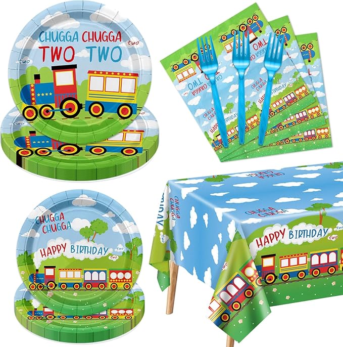 81Pcs Train 2nd Birthday Decorations Including Paper Plates Napkins