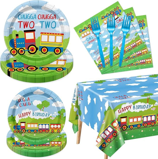 81Pcs Train 2nd Birthday Decorations Including Paper Plates Napkins