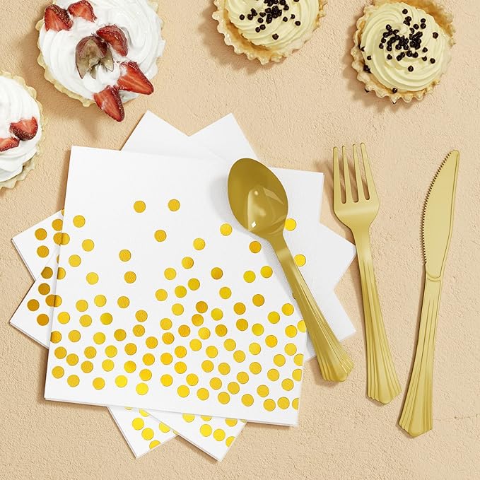 White and Gold Party Supplies, 350PCS Disposable Dinnerware Set
