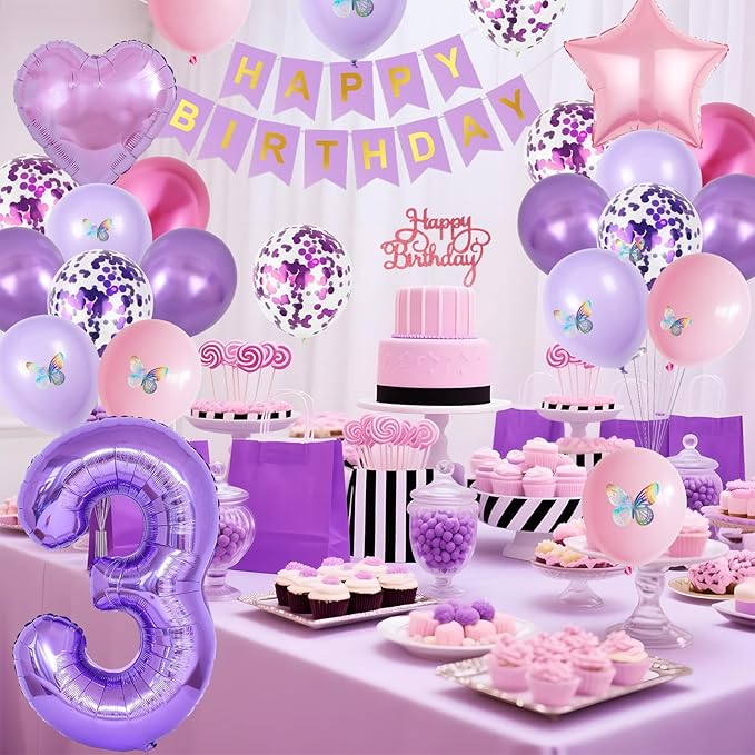 3rd Birthday Decoration for Girls,Pink Purple 3rd Birthday Balloon