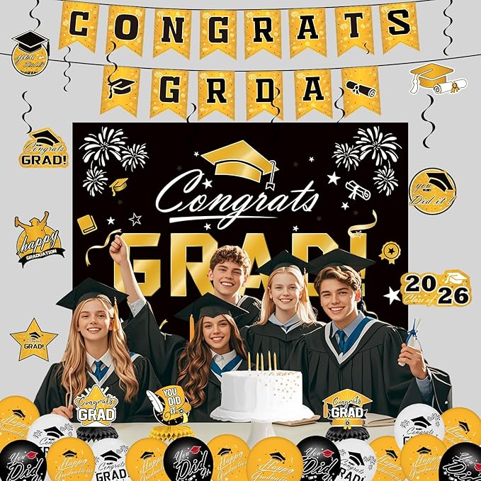 Graduation Decorations 2026 Set - Gold Themed Congrats Grad Banner,