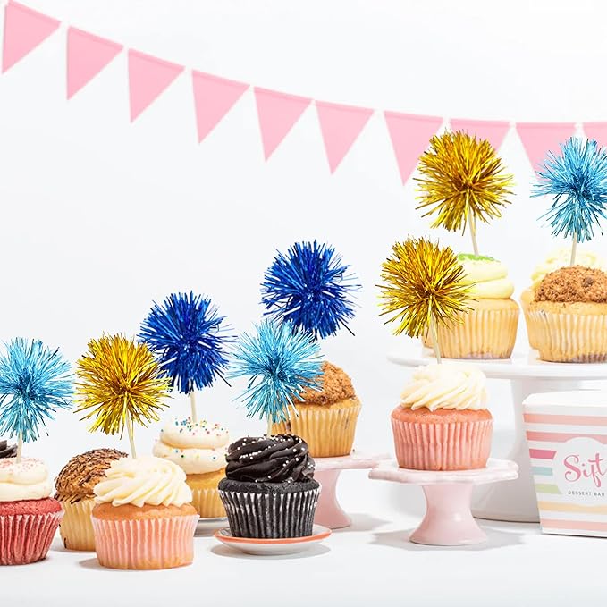 Gyufise 30Pcs Foil Firework Cupcake Toppers Sparkle Tinsel Cake #32